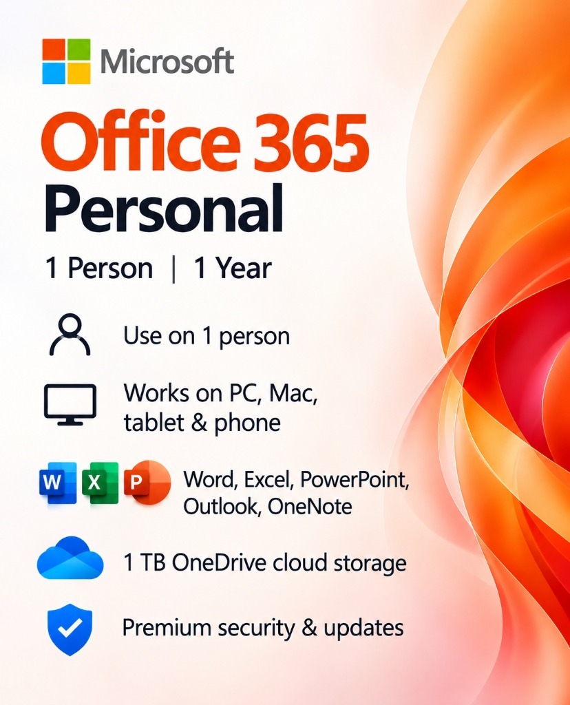 Microsoft 365 Personal – 1 Year Subscription | 1 User | PC, Mac & Mobile